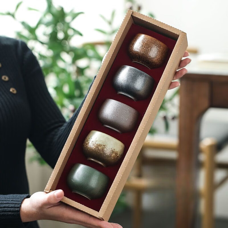 简漾陶瓷品茗杯套装粗陶窑变简约高颜值老式茶杯礼盒装日式杯功夫茶具 五行杯  小号