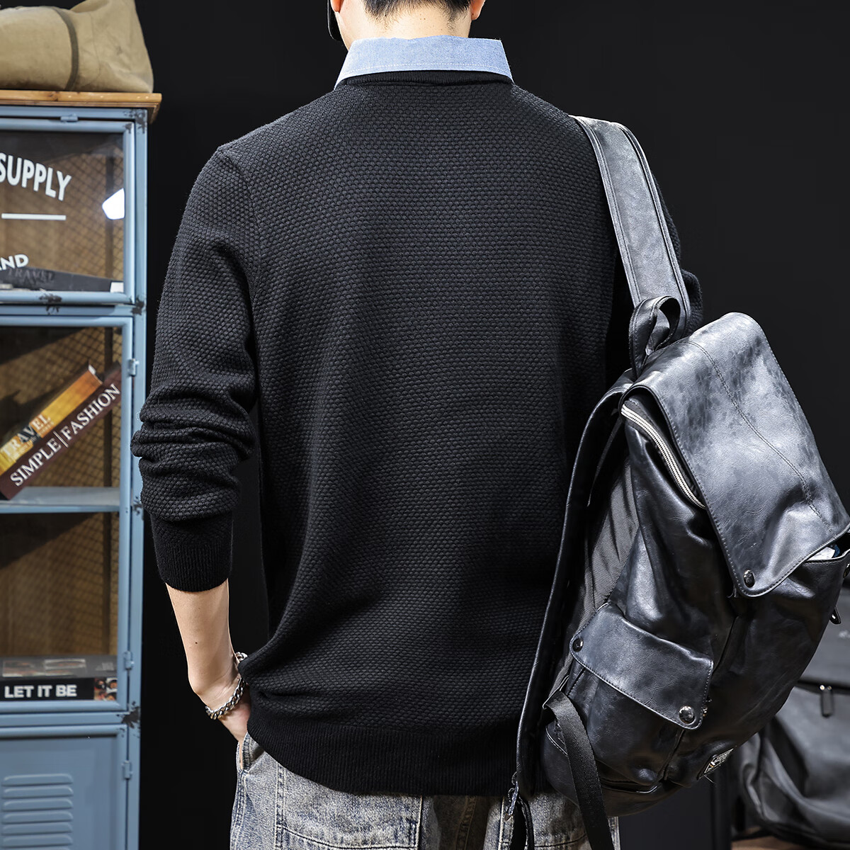 新百伦毛衣男士秋冬季内搭假两件针织衫保暖舒适毛线衣男装 黑色 常规 XL 码【建议130-145斤】