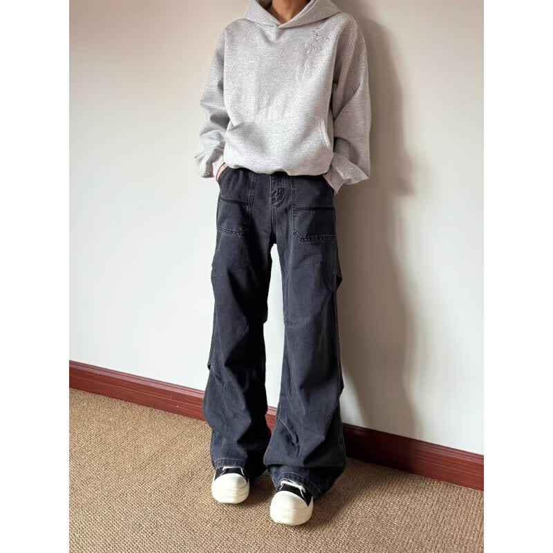 迪伽达美式高街男士牛仔裤男生春夏季cleanfit伞兵工装裤子男休闲长裤 MB-C655黑灰色 L 【115-130斤】