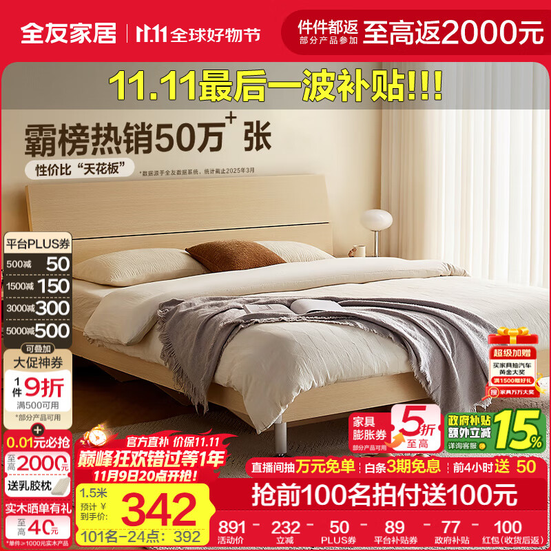 全友家居现代简约高箱储物收纳床主卧1.8米x2米双人大床家具政府补贴 【原木色 | 高脚】单床 1.5x2米【爆款+性价比超高】