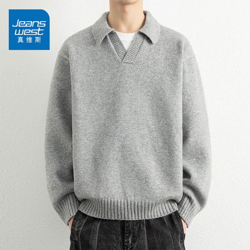真维斯（Jeanswest）秋季厚款宽松V领长袖毛衣男2025潮流休闲百搭绵羊毛针织衫 深灰 【柔软舒适】 XL 【建议140-160斤】
