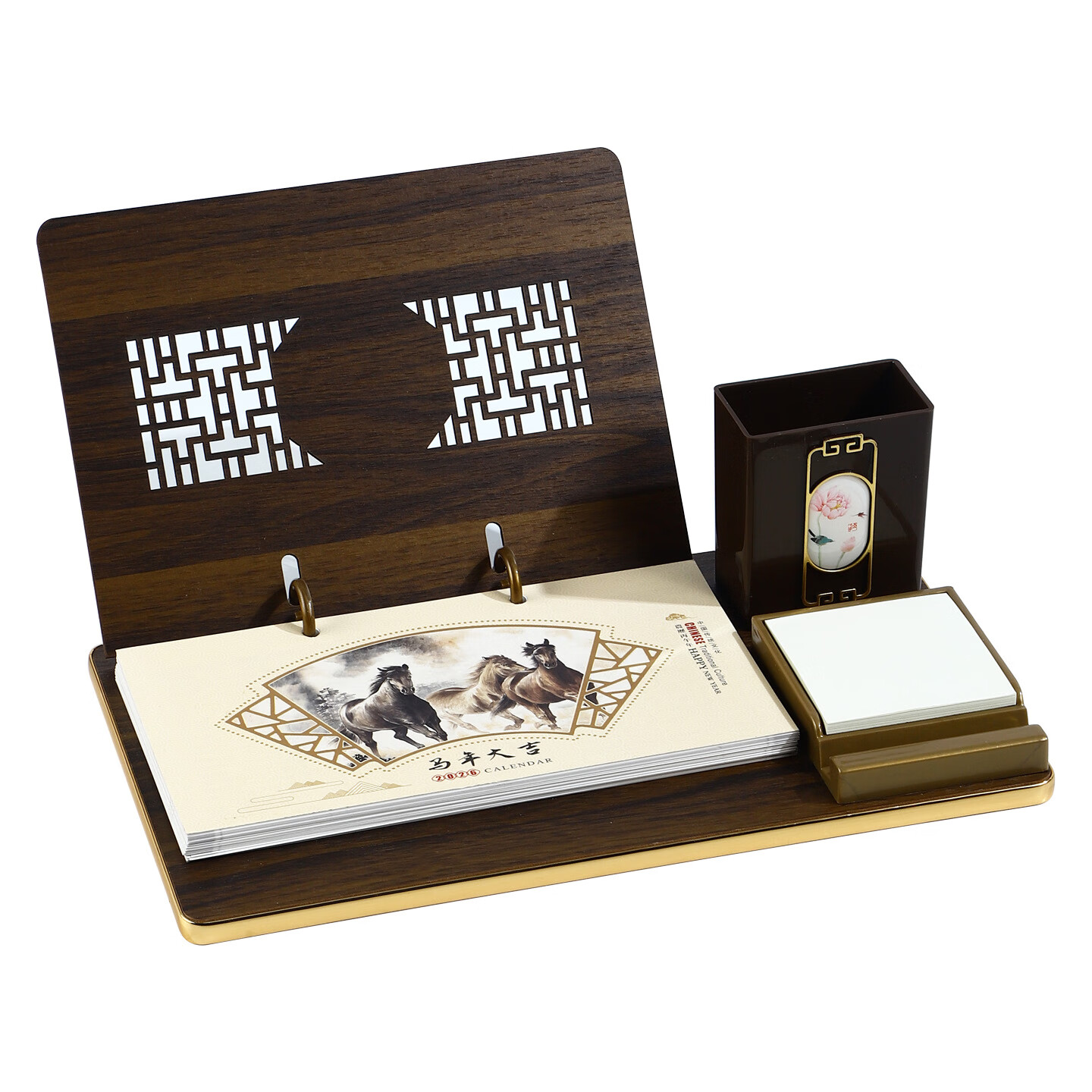 锦兔2026木质台历架多功能带笔筒台座周历定制日历桌面摆件月历创意订制商务精美高端记事周历 马年大吉