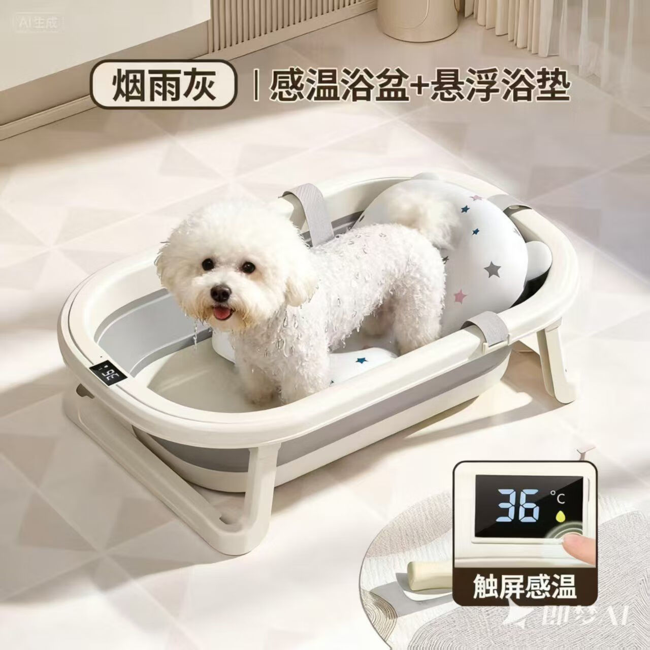 菲尔洁宠物可折叠浴盆狗狗小型犬专用浴缸猫咪浴桶猫砂盆泰迪柯基洗澡盆 天空蓝+触屏感温+星星悬浮垫 尺寸71*43.5*18厘米