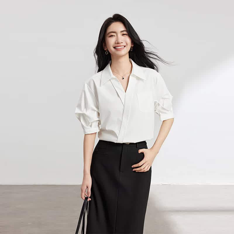 伯德小姐白色设计感轻奢v领衬衫女夏通勤短袖上衣职业小个子面试衬衣 L