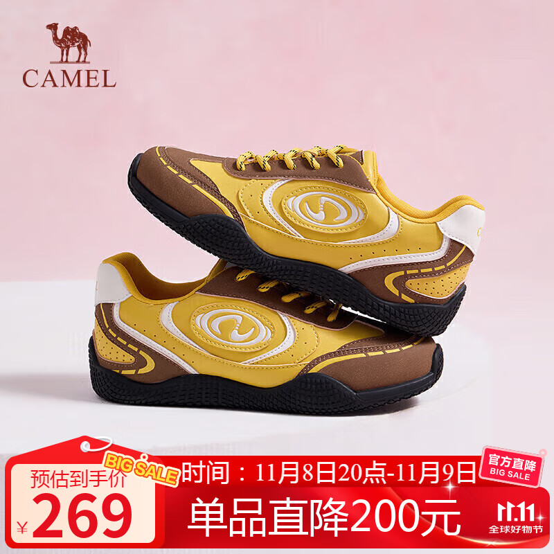 骆驼（CAMEL）月牙2.0德训鞋女多色拼接增高运动休闲鞋 L25S577059C 黄/棕 36