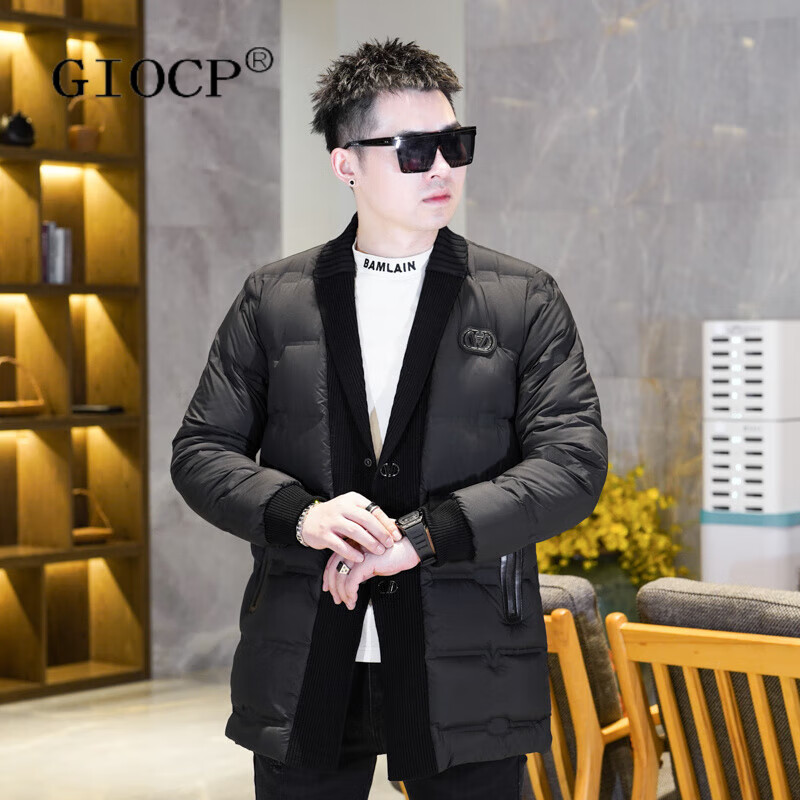 GIOCP香港潮牌针织拼接翻领中长款羽绒服男冬季新款商务休闲白鸭绒外套 黑色 M