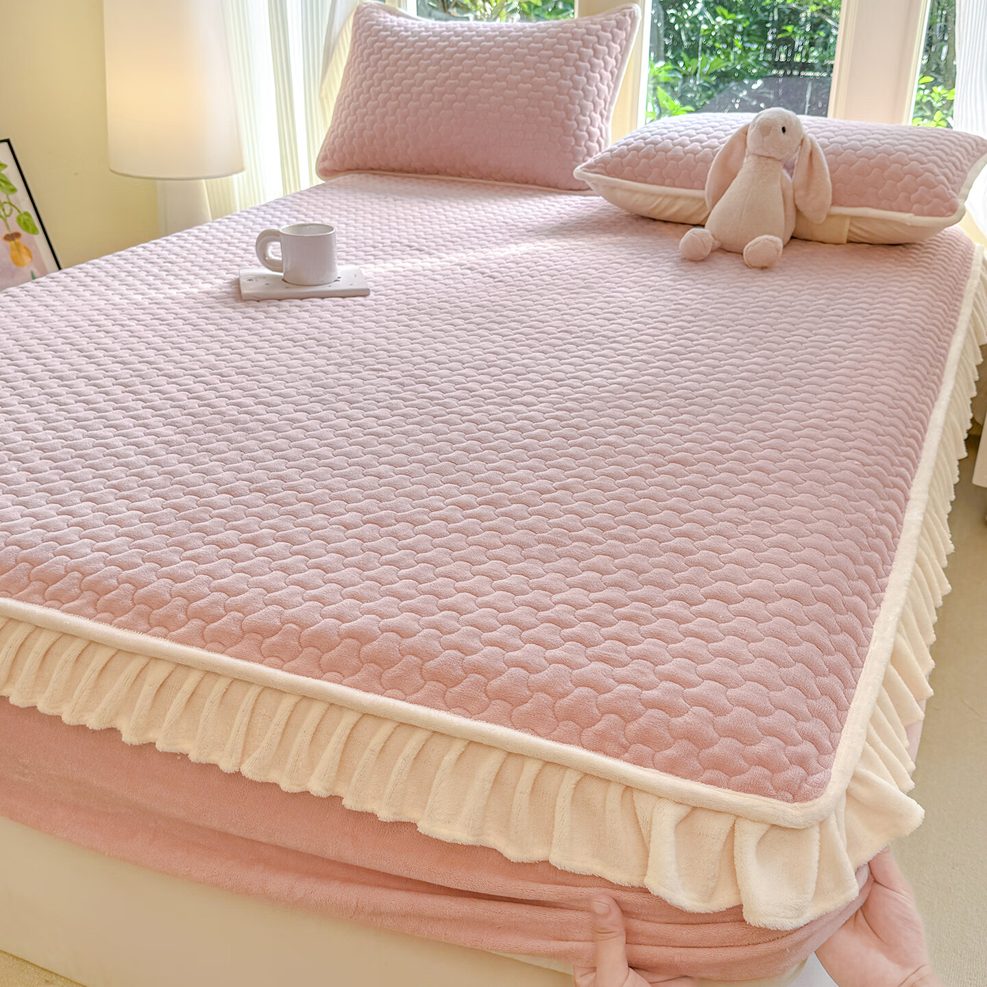苏萱法式加厚牛奶绒夹棉床笠单件冬天加绒床罩带裙边席梦思床垫保护罩 嫩粉 180x200cm床笠单件