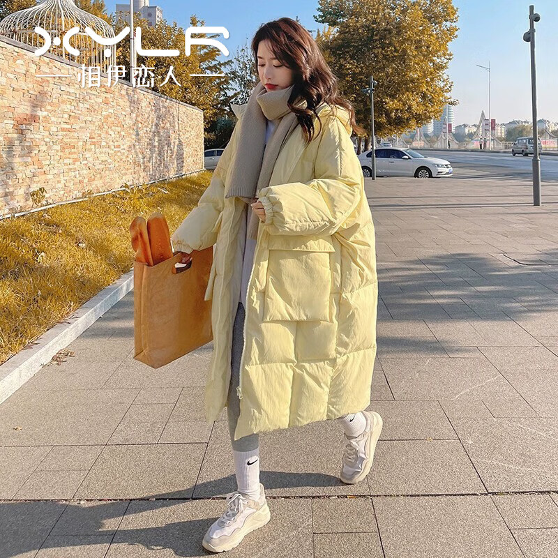 相伊恋人羽绒棉服女25年秋冬季中长款加厚棉衣外套新款宽松棉袄学生面包服 奶黄色 S 【适合80-100斤】