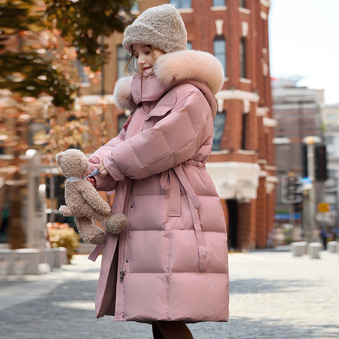 ABC KAIA女童羽绒服中长款2025新款洋气儿童正品品牌加厚外套女孩大童冬装 粉色（带毛领） 120