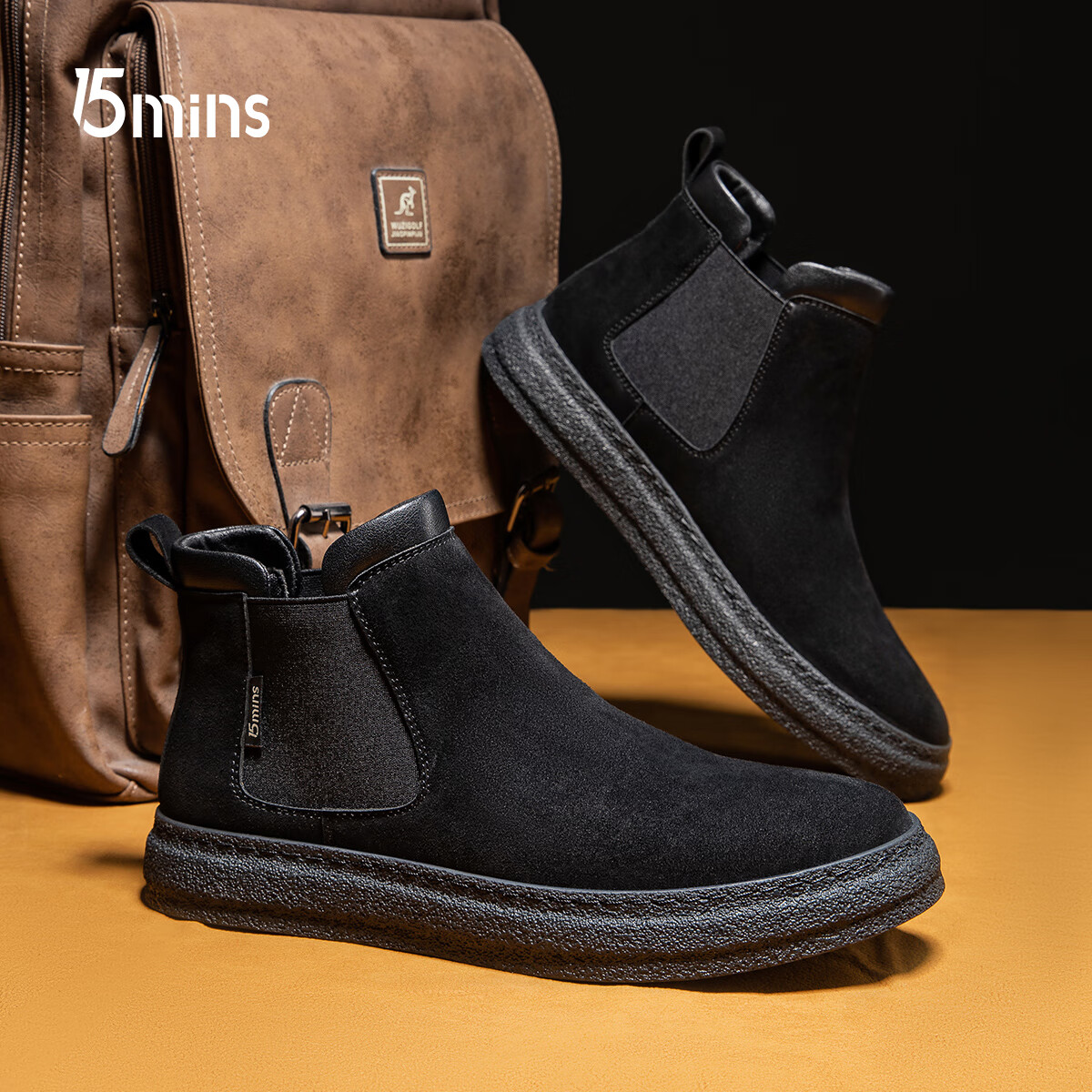 15分钟新款男士靴子复古休闲靴轻便一脚蹬工装靴男靴子 E2440 黑色 40