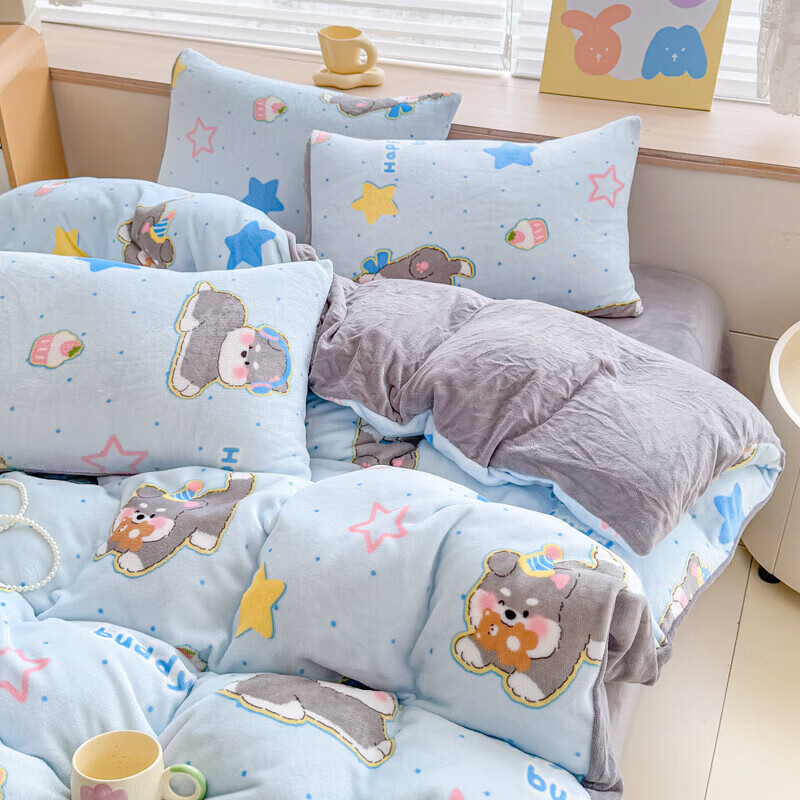 软贝小清新牛奶绒床上四件套保暖毛绒床单被套学生宿舍秋冬款三件套 布丁狗 床单款 2.0m  被套200*230cm 四件套