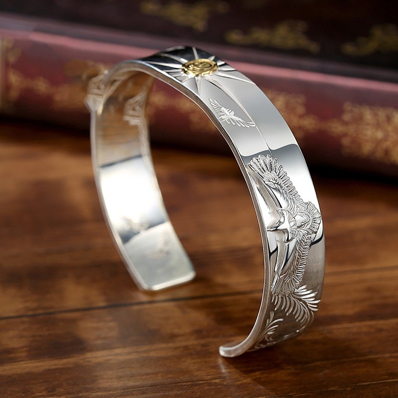 凡丘珠宝 高桥吾郎SHEYUGOROS菊地健射线印台双鹰平打手镯男女 银定制 印台射线双小鹰手镯(9925纯银+铜/定制尺寸留言