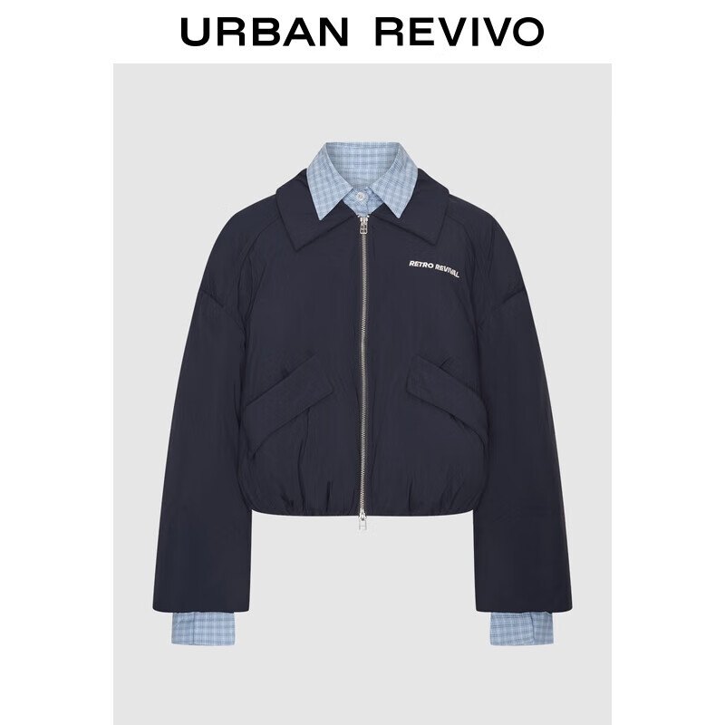 UR2025冬季新款女装休闲撞色格纹真两件翻领羽绒服UYL150067