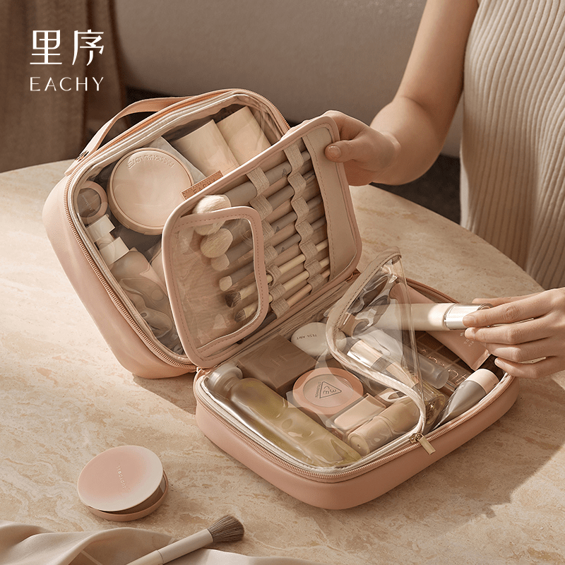 EACHY化妝包女2025新款便攜旅行手提洗漱包大容量化妝品收納包 木桃色【大容量_平鋪可視_分區收納】