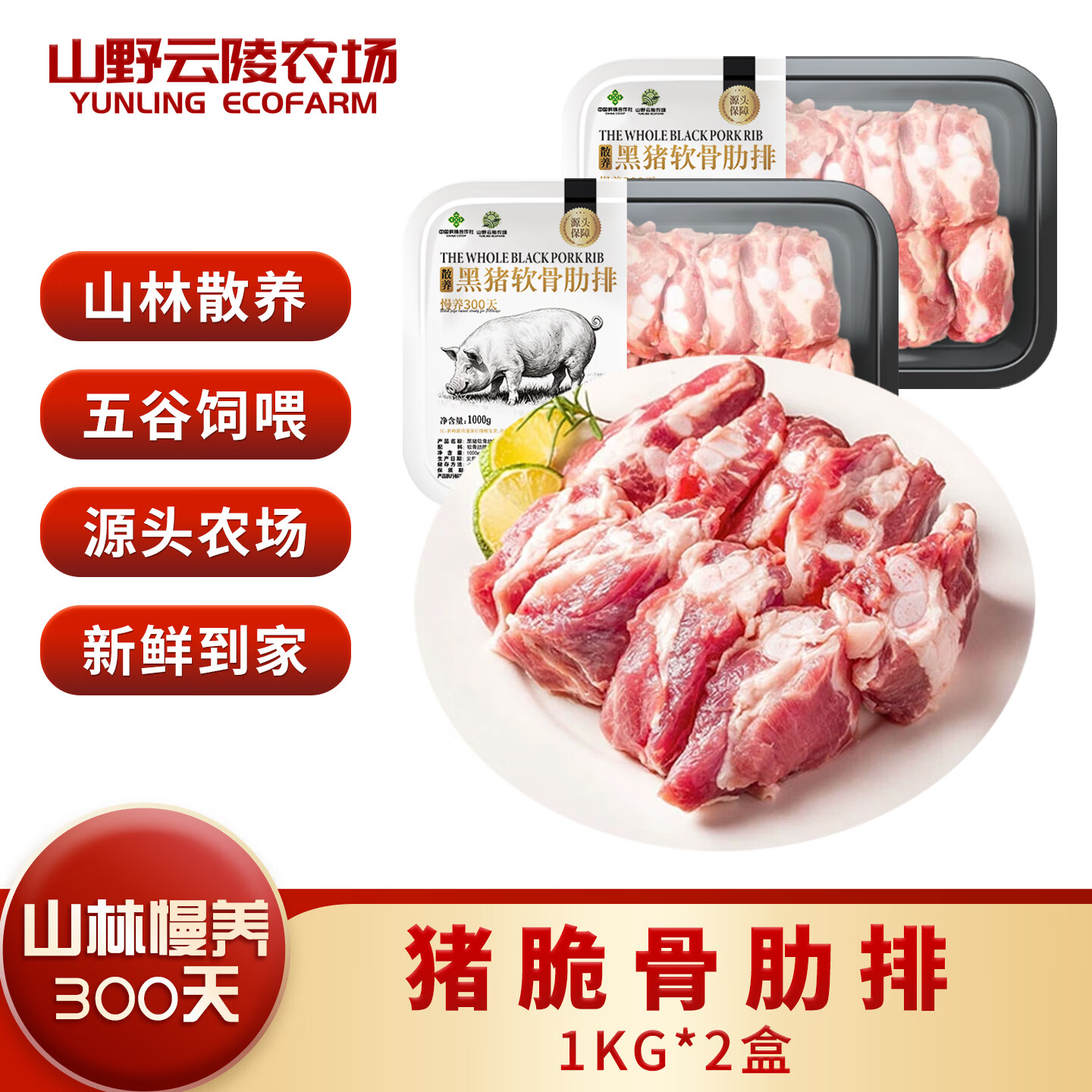 山野云陵农场 黑猪纯肋排中段无脊骨 猪脆骨肋排梅花骨肉 农家土猪300天慢养 猪脆骨肋排1kg*2盒