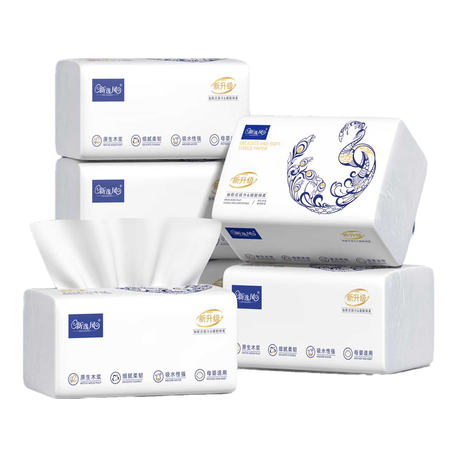 新逸风（XINYIFENG）大包纸巾抽纸整箱批发家庭装加厚餐巾纸家用大号面巾纸母婴用纸 5层 400张*6包