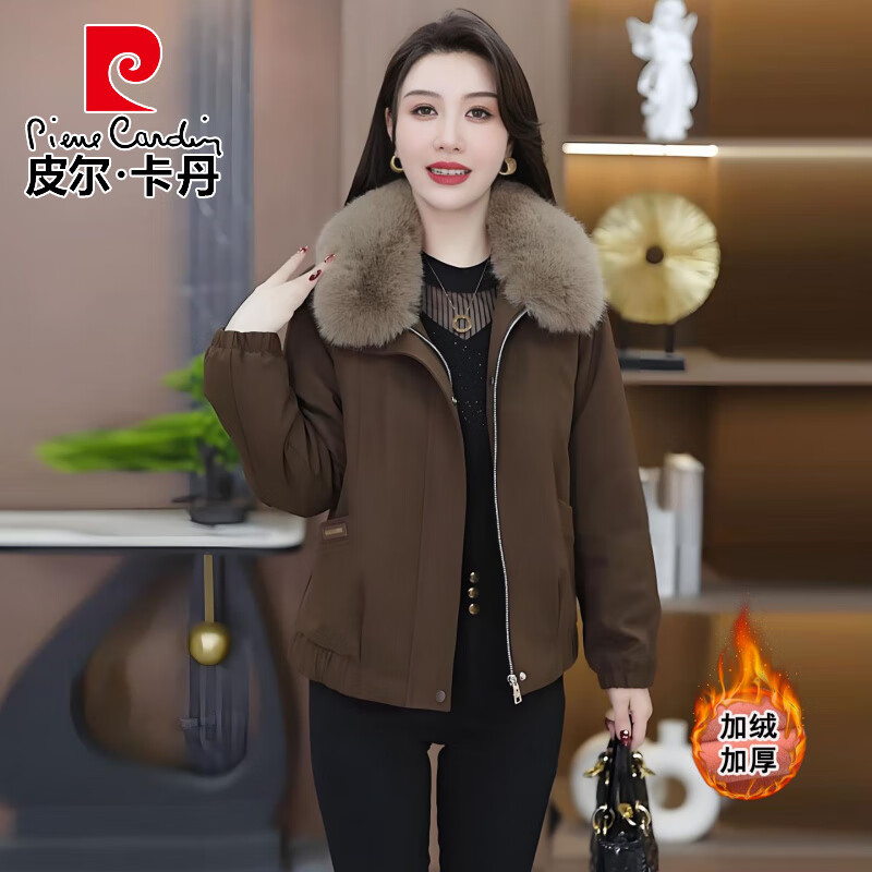 皮尔卡丹时髦加绒加厚短外套女秋冬新款休闲洋气保暖上衣百搭宽松夹克棉服 咖色加绒外套 3XL (120-130斤)