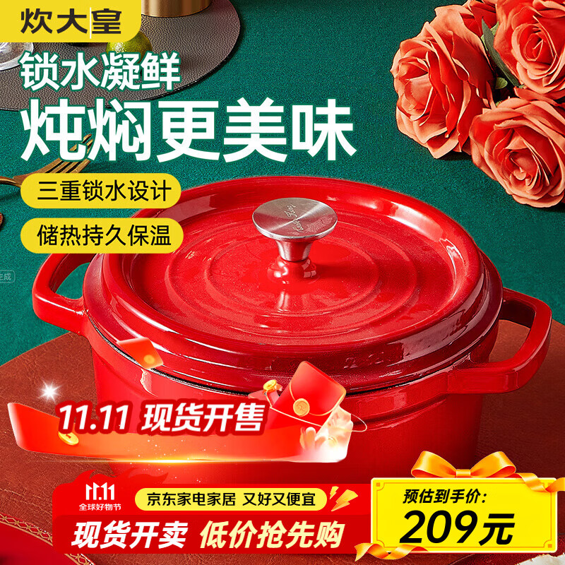 炊大皇珐琅锅铸铁锅家用双耳炖锅汤锅焖烧锅不粘锅电磁炉燃气灶通用煮锅 【中国红】 24cm 3.8L