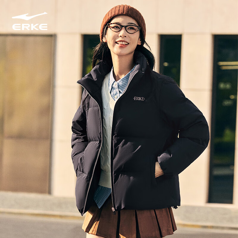 鸿星尔克羽绒服女冬季新品保暖三防科技外套立领宽松通勤上衣泡芙面包服