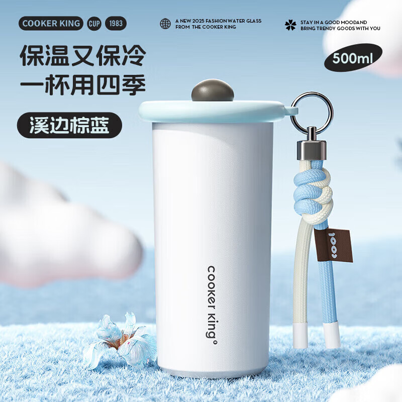 炊大皇316L不锈钢保温杯高颜值手拎女生保冷吸管杯子500ml（溪边棕蓝）