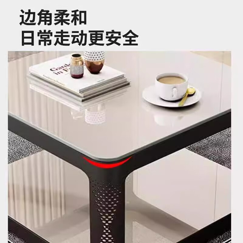 汐墨阁新款钢化玻璃茶几家用客厅意式极简双层加固可定制高级感沙发边几 【奶白色+黑架】60*60*45 组装简单