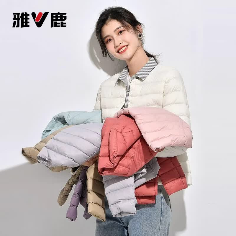 雅鹿2026新款轻薄羽绒服内胆女短款内搭无领秋冬时尚排骨百搭外穿外套 米白 L 推荐105-120斤