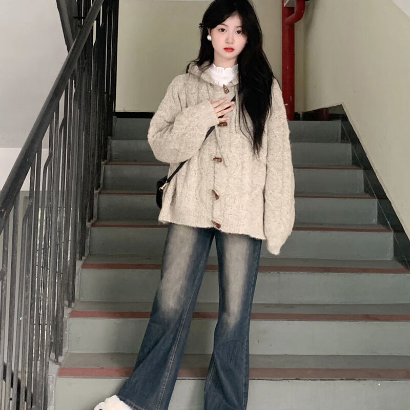 翊尚美针织衫女秋冬新款2025年小个子软糯慵懒连帽毛衣宽松开衫百搭外套 燕麦色 【不缩水不易起球】 均码 【推荐80-140斤】