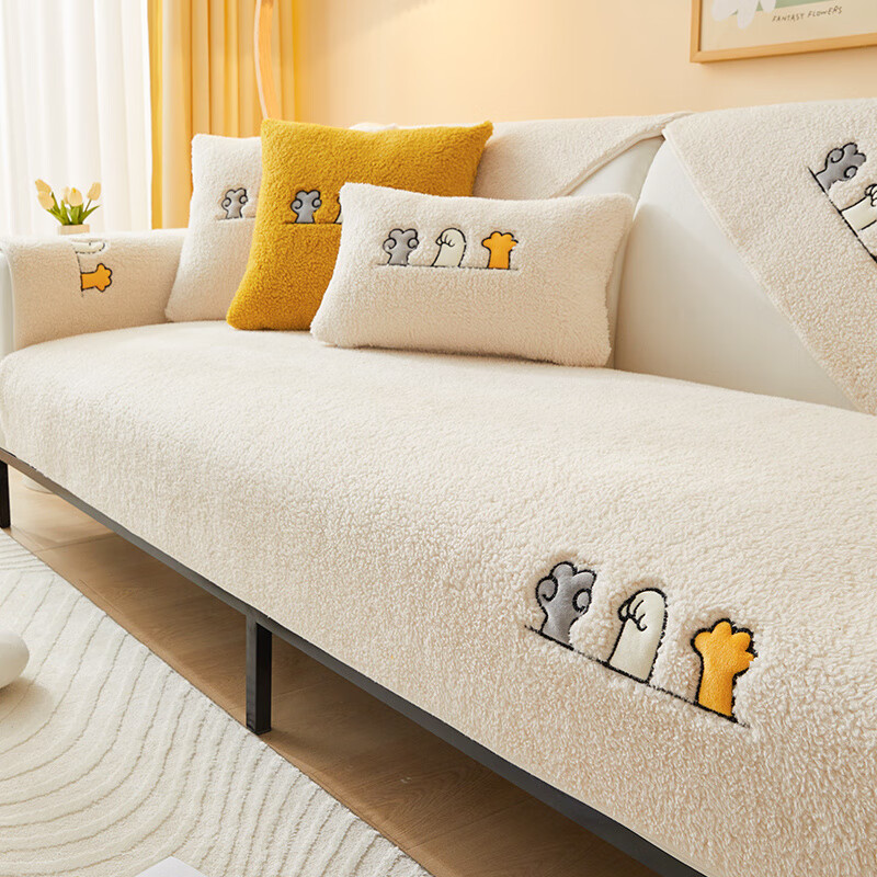 虹原風尚(Hong yuan feng shang)卡通童趣沙發(fā)墊冬季保暖毛絨加厚沙發(fā)套罩秋冬防滑全包蓋布 萌寵-米白 70cm*70cm