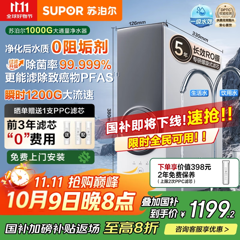 苏泊尔（SUPOR）净水器1000G家用厨房净水机厨下式过滤器5年反渗透RO机净饮机直饮机  净化水后【0阻垢剂】DR1