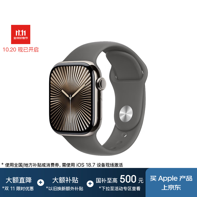 Apple/苹果 Watch Series 10 智能手表GPS+蜂窝款42毫米原色钛金属表壳岩灰色运动型表带M/L MWXV3CH/B