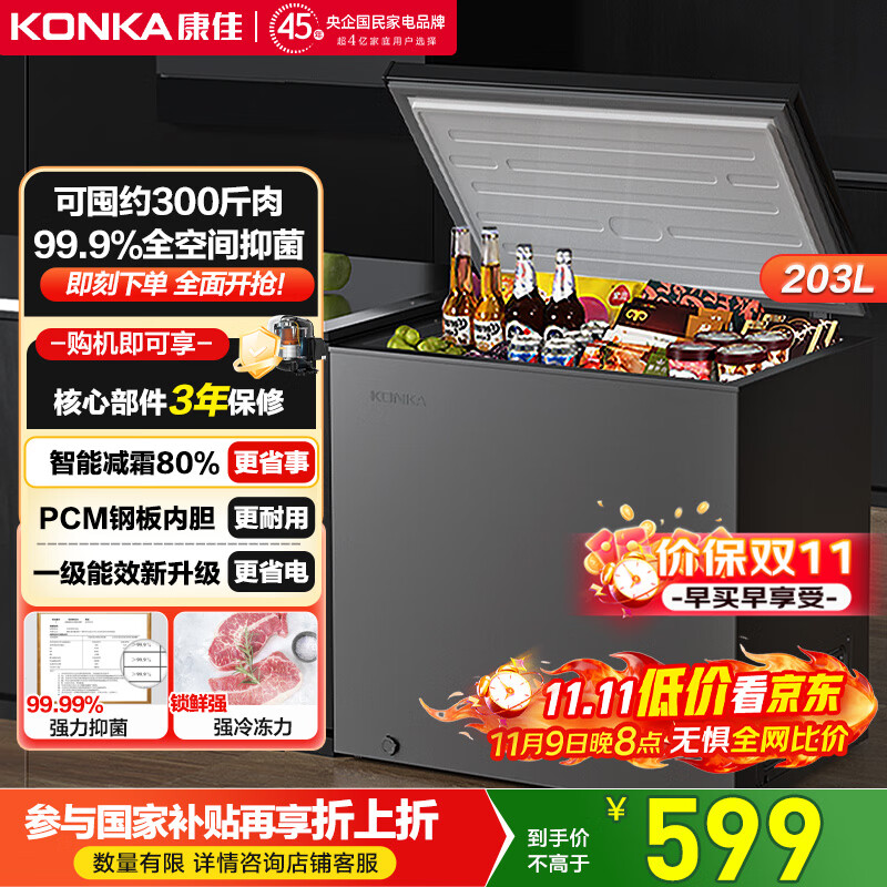 康佳（KONKA）203升一级能效低霜小冰柜家用商用冷藏柜冷冻柜小型租房用小冰箱冷柜BG20CD国家补贴