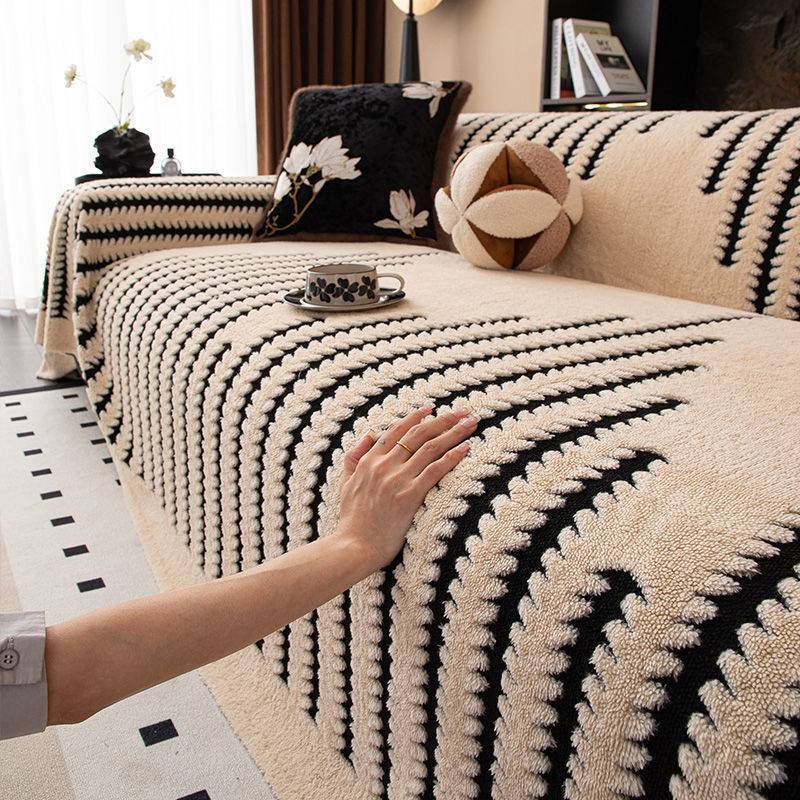 暖意绒绒云感万能全盖沙发盖四季款防滑防猫抓高级感提花毛绒套罩 格调-黑白 340cm*180cm 【适合四人位】