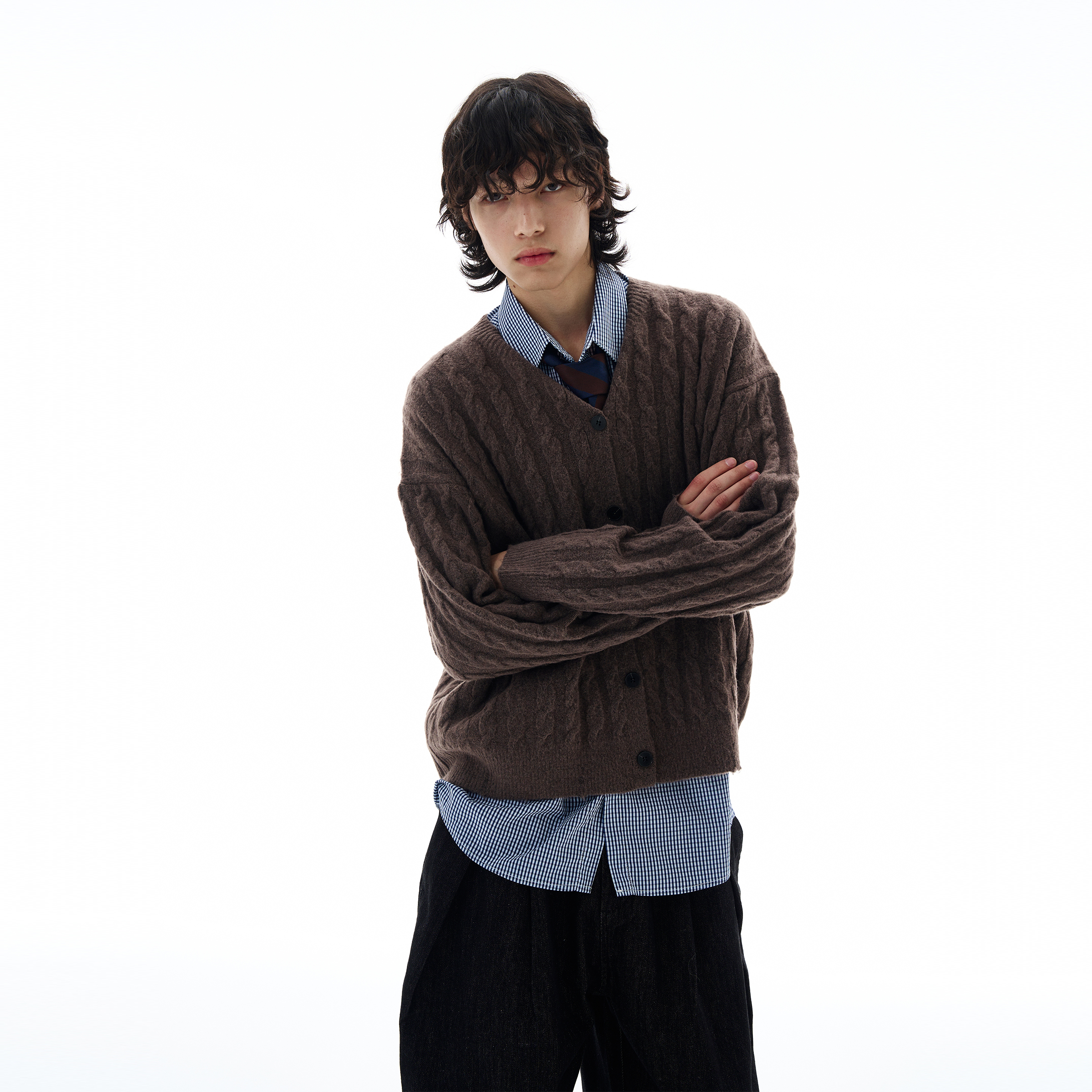 尾郎的店秋冬美式复古绞花纹慵懒针织衫外套男高级感开衫毛衣情侣新年 棕色 M