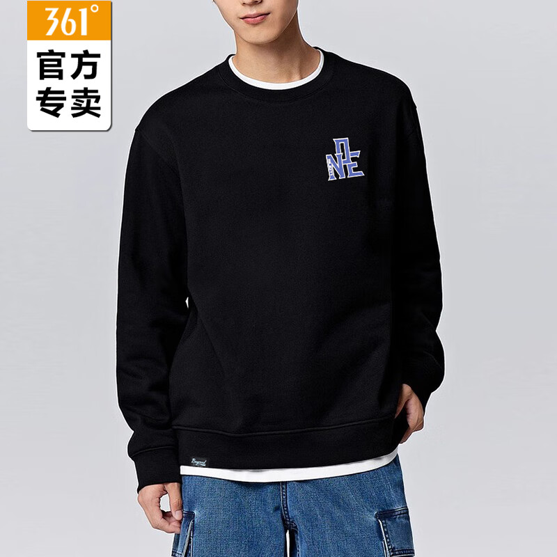 361°运动卫衣男士2025秋冬季新款圆领套头长袖保暖T恤休闲打底衫 超级黑 L 175/96A
