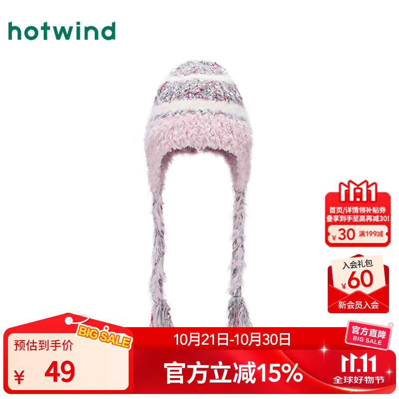 热风（Hotwind）女士帽子毛绒保暖帽子2025年冬季新款时尚百搭减龄拼接护耳毛线帽 09灰色 56-60cm