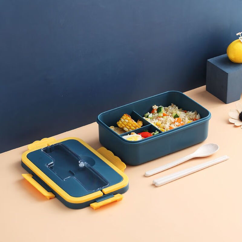 DEATKN小麦便携保温饭盒学生三格便当盒女手提大容量加热密封上班族餐盒 藏青蓝(三格1000ml) 送（小麦）筷勺