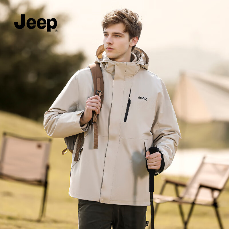 JEEP男装秋冬季2025新品男士户摇粒两件套外锋夹克上衣休闲连帽外套 084卡其【25年升级款】 XL