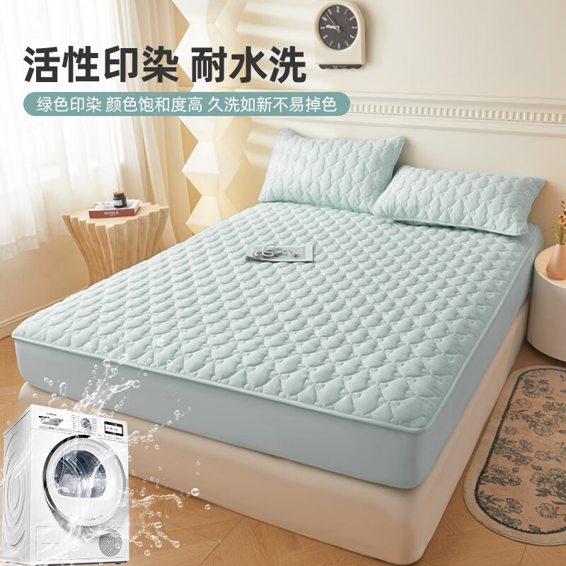 雅鹿加厚夹棉床笠防尘绗缝床罩三件套隔脏床盖床垫保护套床上用品 蝴蝶结床笠-天空蓝【蓬松柔软 四季通用】 180*200cm单床笠+枕套一对