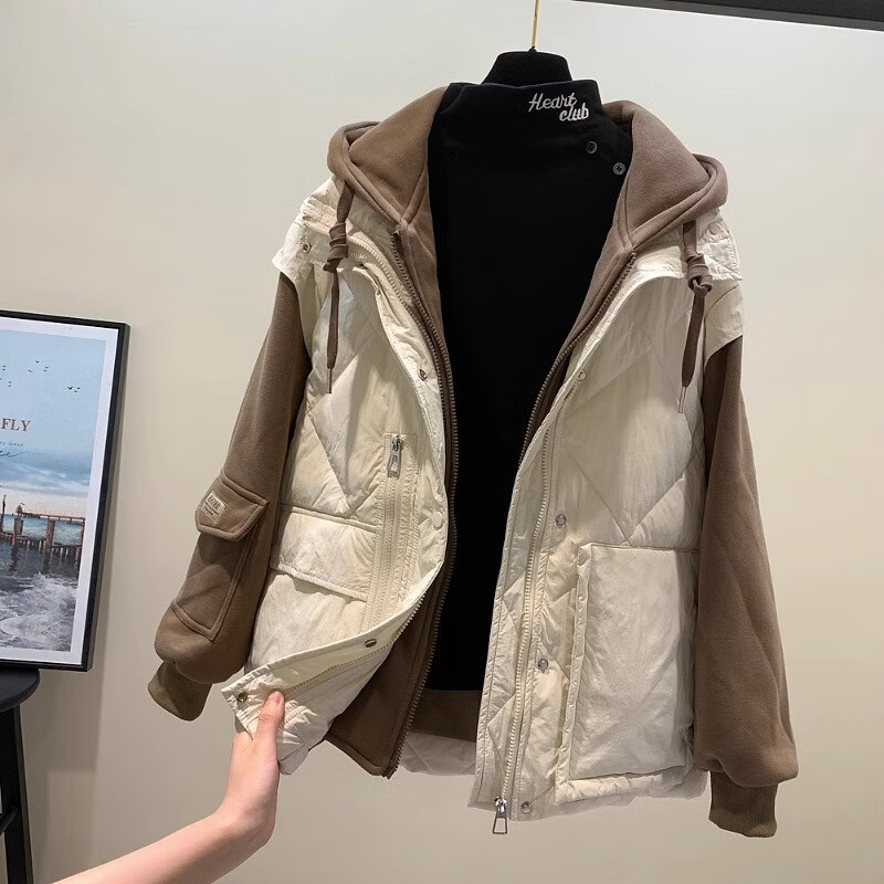 AC-AICHEN大码女装2025秋冬新款假两件棉服女卫衣连帽胖mm马甲棉衣外套 米白色 3XL 建议160-180斤