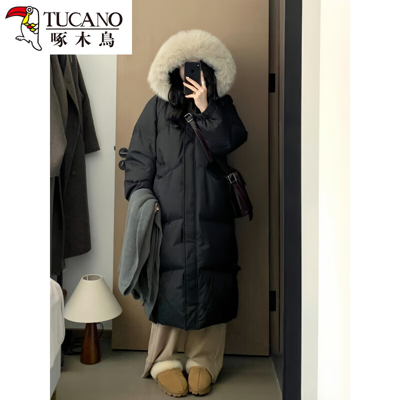 啄木鸟大毛领羽绒服女中长款过膝2025年冬季新款加厚白鸭绒韩版连帽外套 黑色 S 110-130