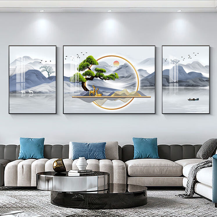 OYKTN迎客松轻奢中式客厅装饰画简约现代沙发背景墙挂画大气山水画壁画 JH-05锦绣山河 边50*70中100*70铝合金金框