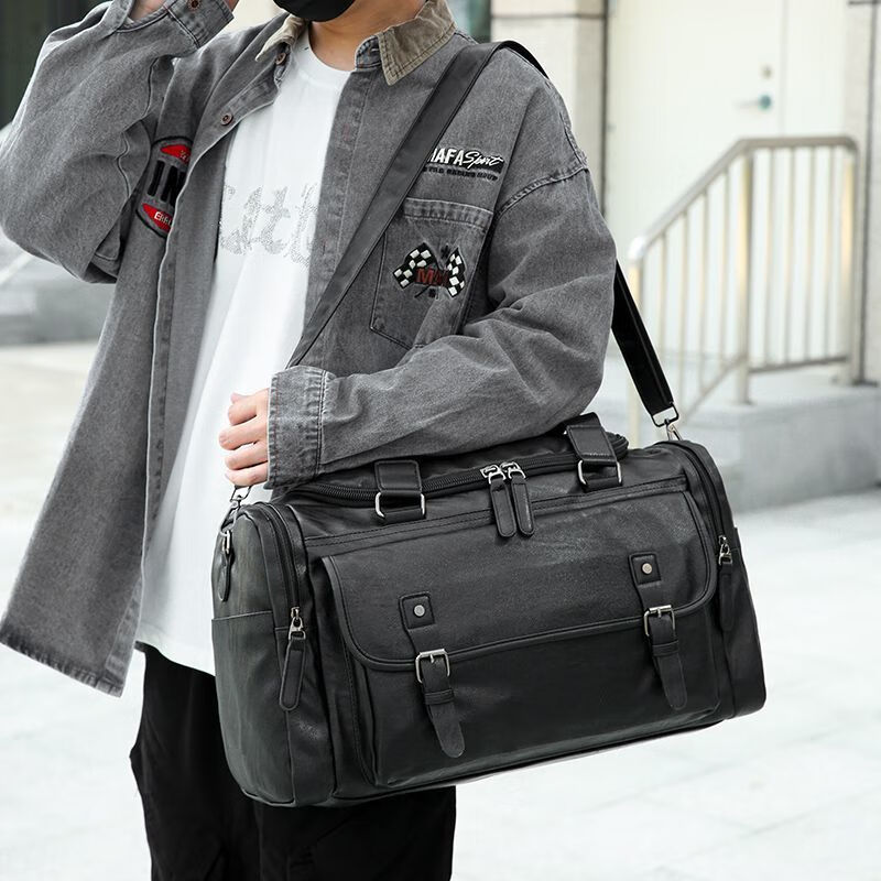 DRYWORLD女神节旅行包真皮质感男士商务出差单肩斜挎多功能���李包 黑色