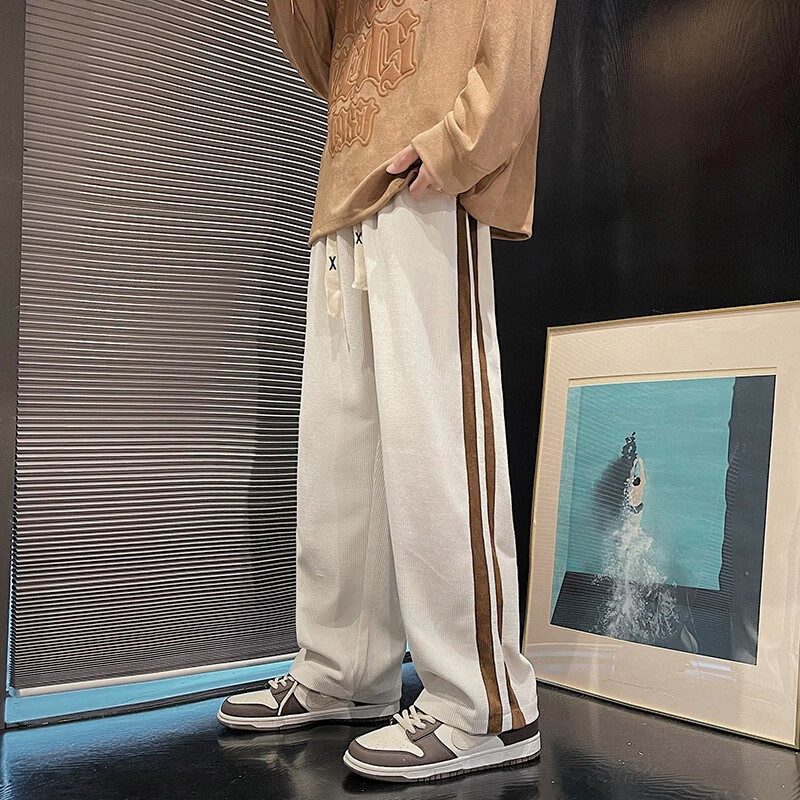 Tim Peake编织抽绳条纹灯芯绒裤子男生宽松高街垂感bf直筒哈伦阔腿HXLD25-1 卡其 XL属于什么档次？