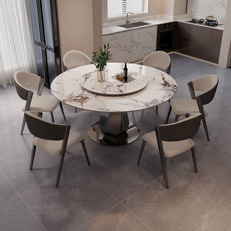 布欧格意式高端超晶石小户型现代简约圆形岩板圆桌带转盘微晶石餐桌家用 【18mm超晶石】圆桌 120x120x76cm