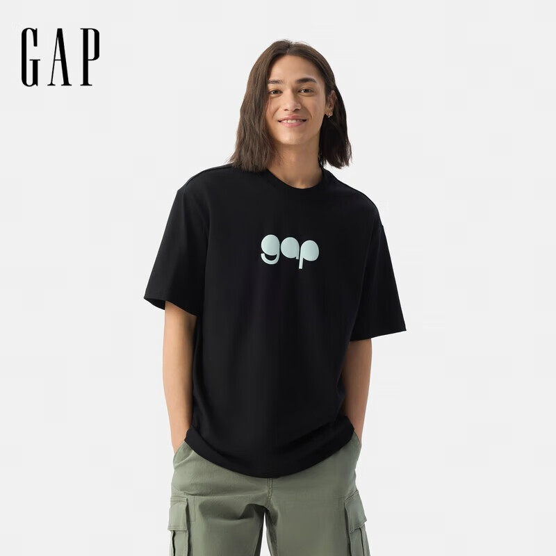 GAP男女装2025夏季新款纯棉泡泡胶印logo短袖T恤多色上衣729127 黑色 S (165/88A) 亚洲尺码