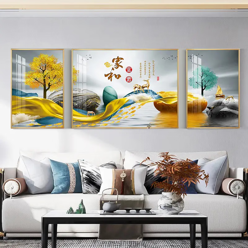 柳莺花燕现代简约客厅装饰画沙发背景墙挂画新款大气壁画三联画轻奢晶瓷画 F-万事顺遂 中套【左右50X70+中100X70】晶瓷画 免费上门按装（默发轻奢金框）铝合金