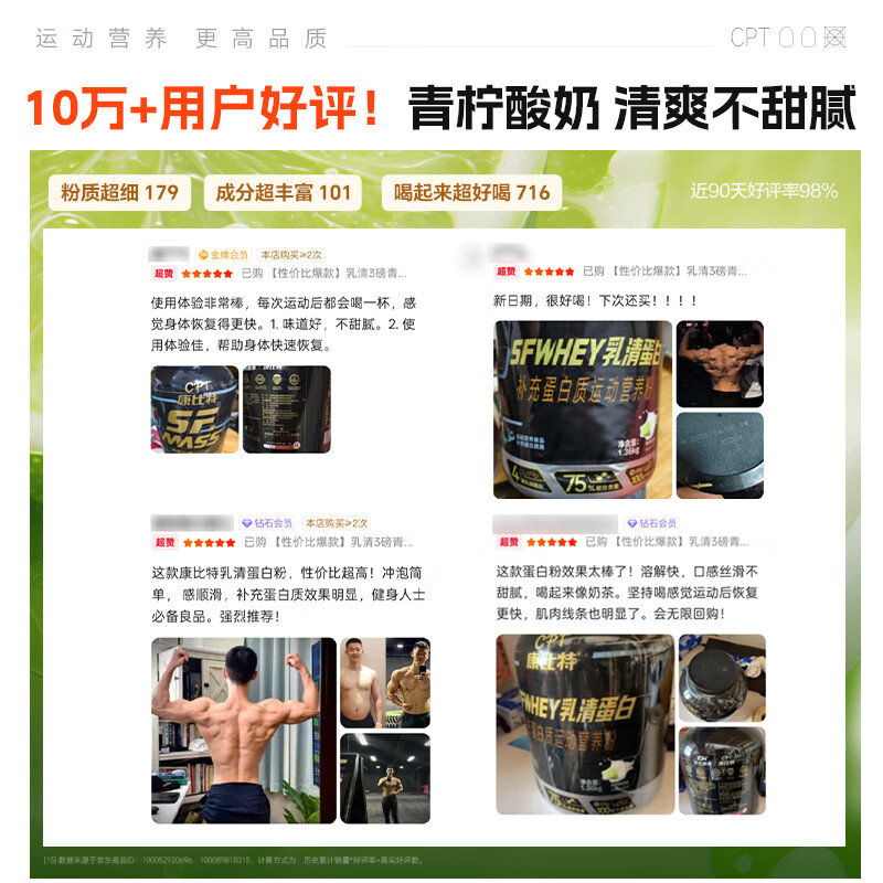 康比特乳清蛋白粉增肌塑形含分离乳清健身人士蛋白质粉1.36kg青柠酸奶味