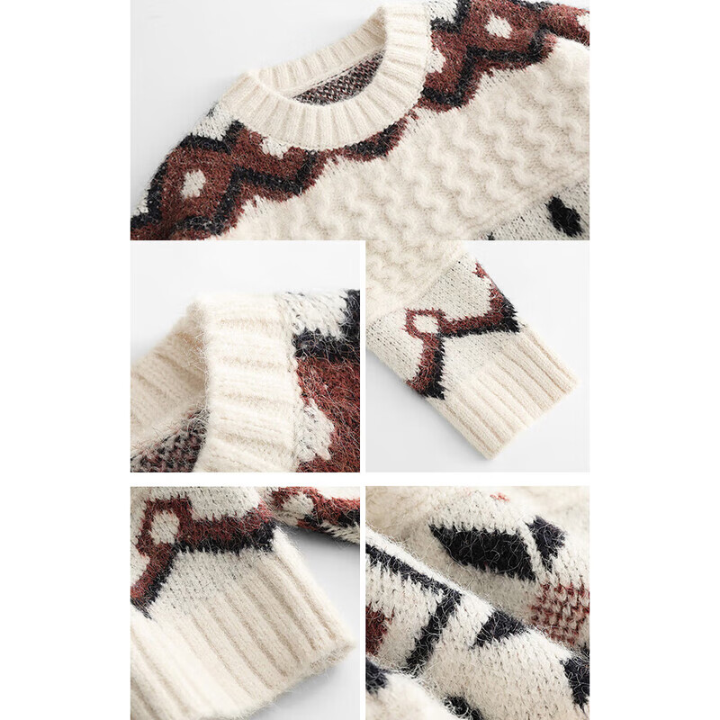 相伊恋人毛衣女25新款秋冬可外穿加厚宽松圆领套头慵懒风针织衫费尔岛上衣 米白色【宽松显瘦抗起球】 均码 【推荐80-140斤】