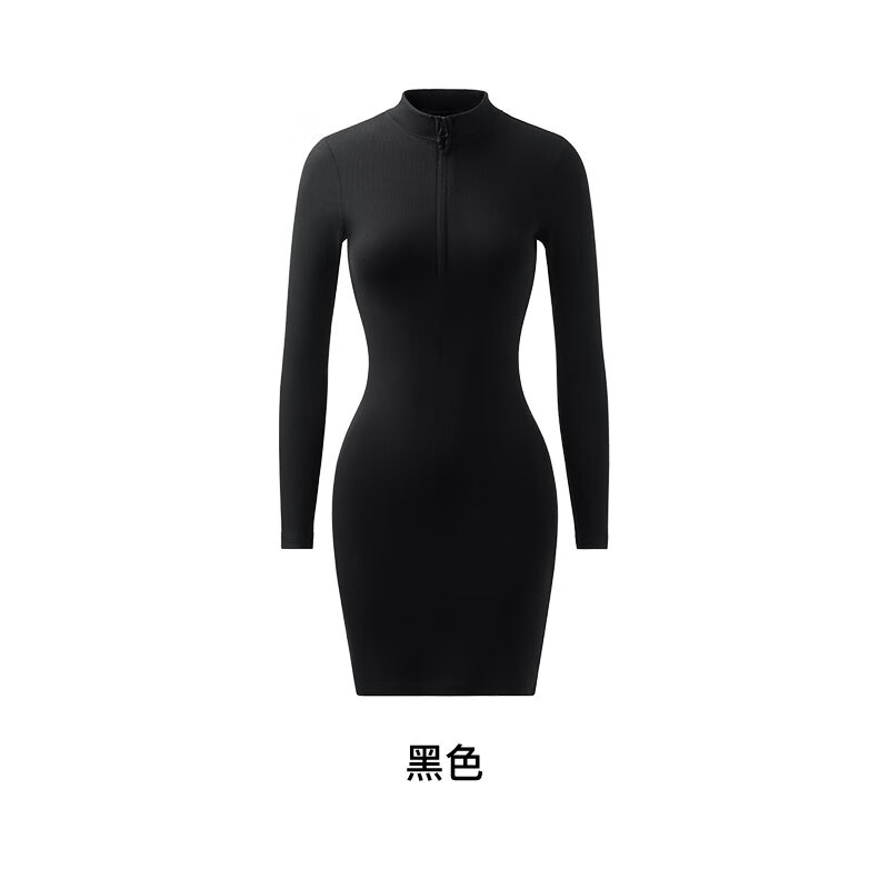 曲线主义黑色长袖拉链U领包臀连衣裙气质收腰小个子短裙女 黑色 S 码(85-110斤)