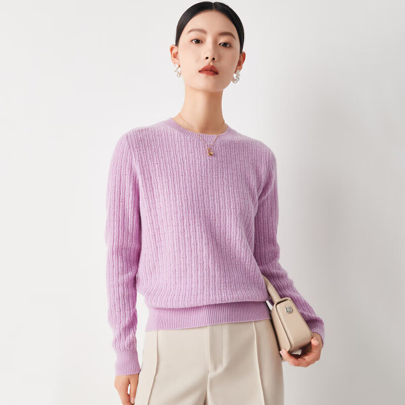 帕罗（PALUOPO）山羊绒衫女秋冬保暖纯色移针提花针织衫宽松打底毛衣ET22365R 淡紫 S 155/95